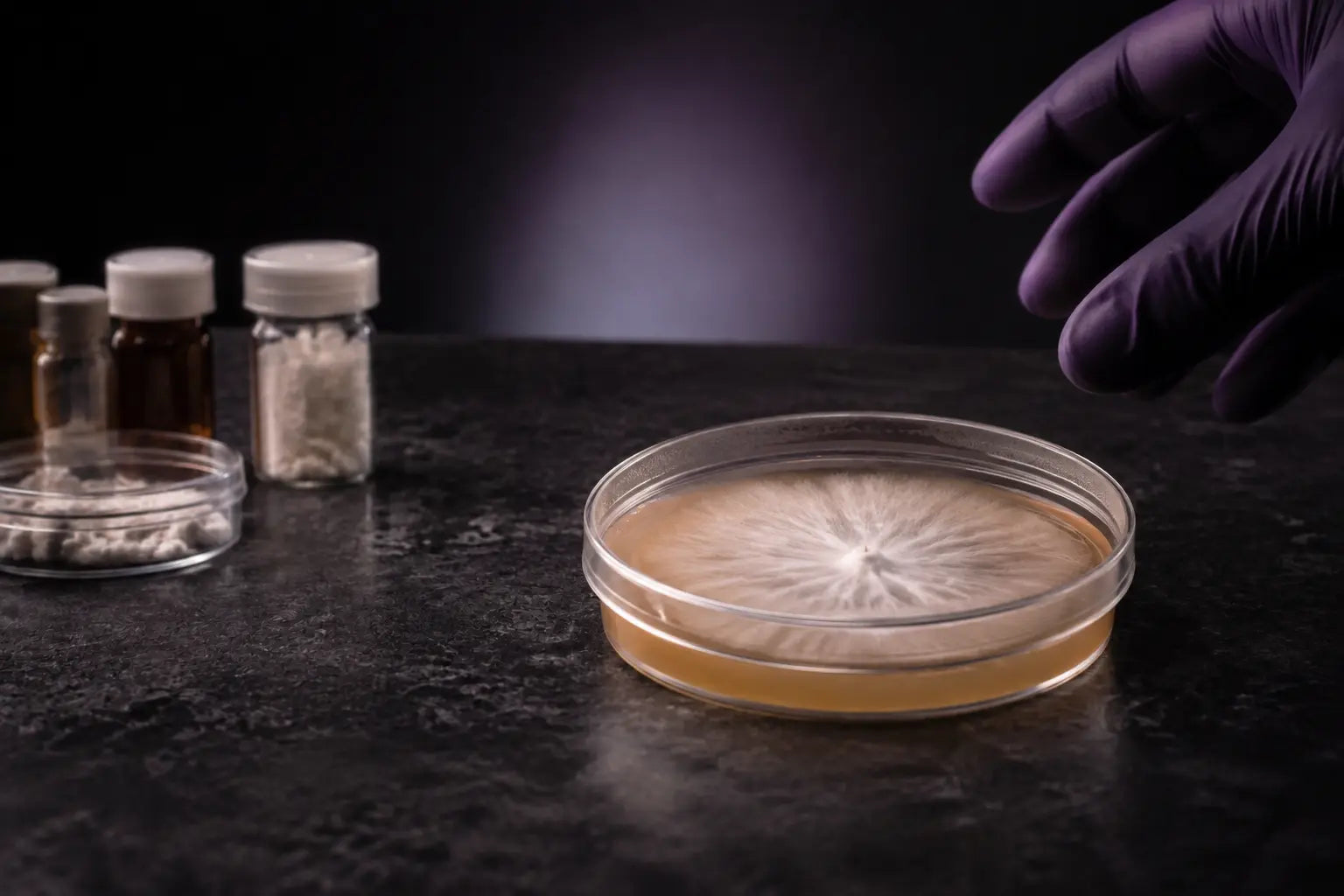 Healthy mycelium growing on agar in a sterile Petri dish
