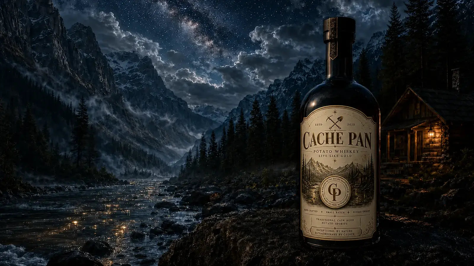 Cache Pan premium spirits brand and digital platform in a Pacific Northwest landscape