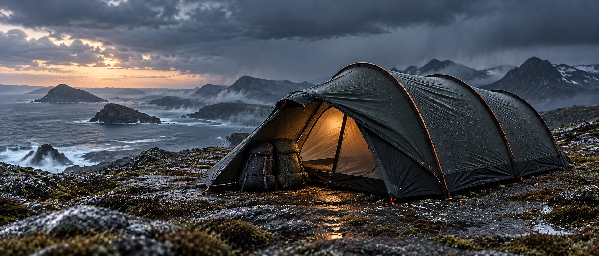 Modular Field Shelter in its two-person ground-tent configuration on a coastal mountain campsite
