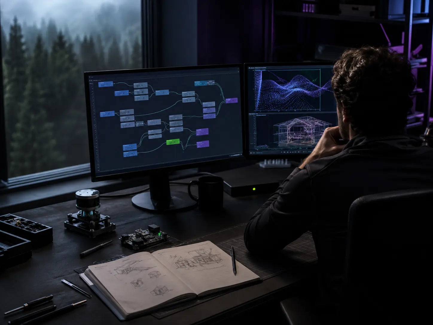 Practitioner reviewing a node-based workflow and technical systems model