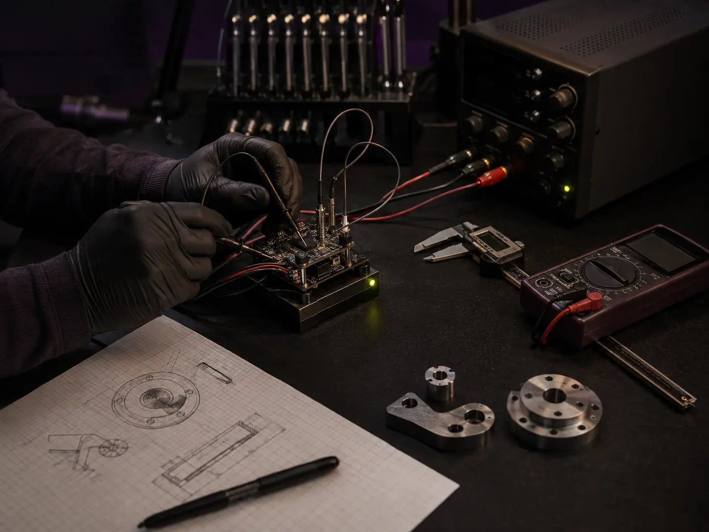 Gloved hands testing embedded electronics with sensors and measurement instruments