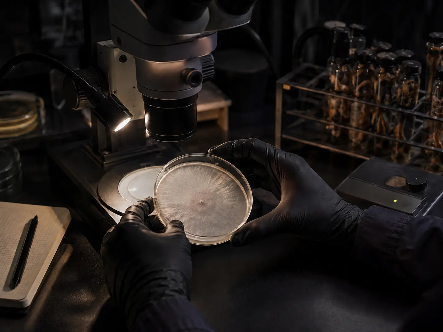 Editorial laboratory scene of gloved hands inspecting a culture plate under a microscope