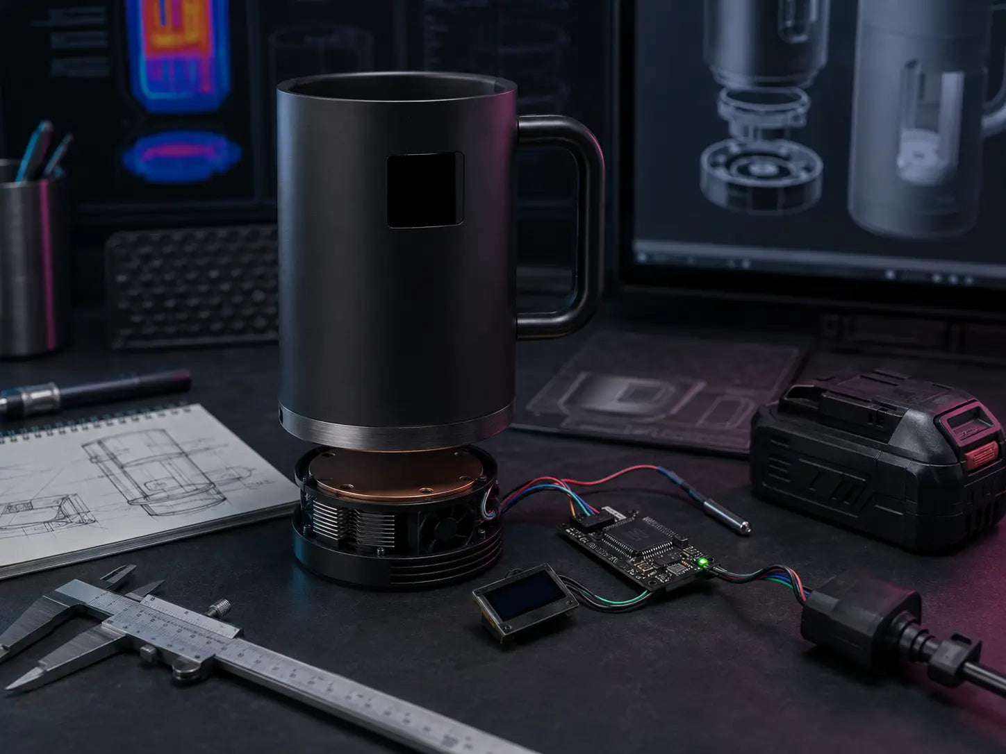 Rendering of the CryoMug thermoelectric cooling-mug concept on an engineering workbench