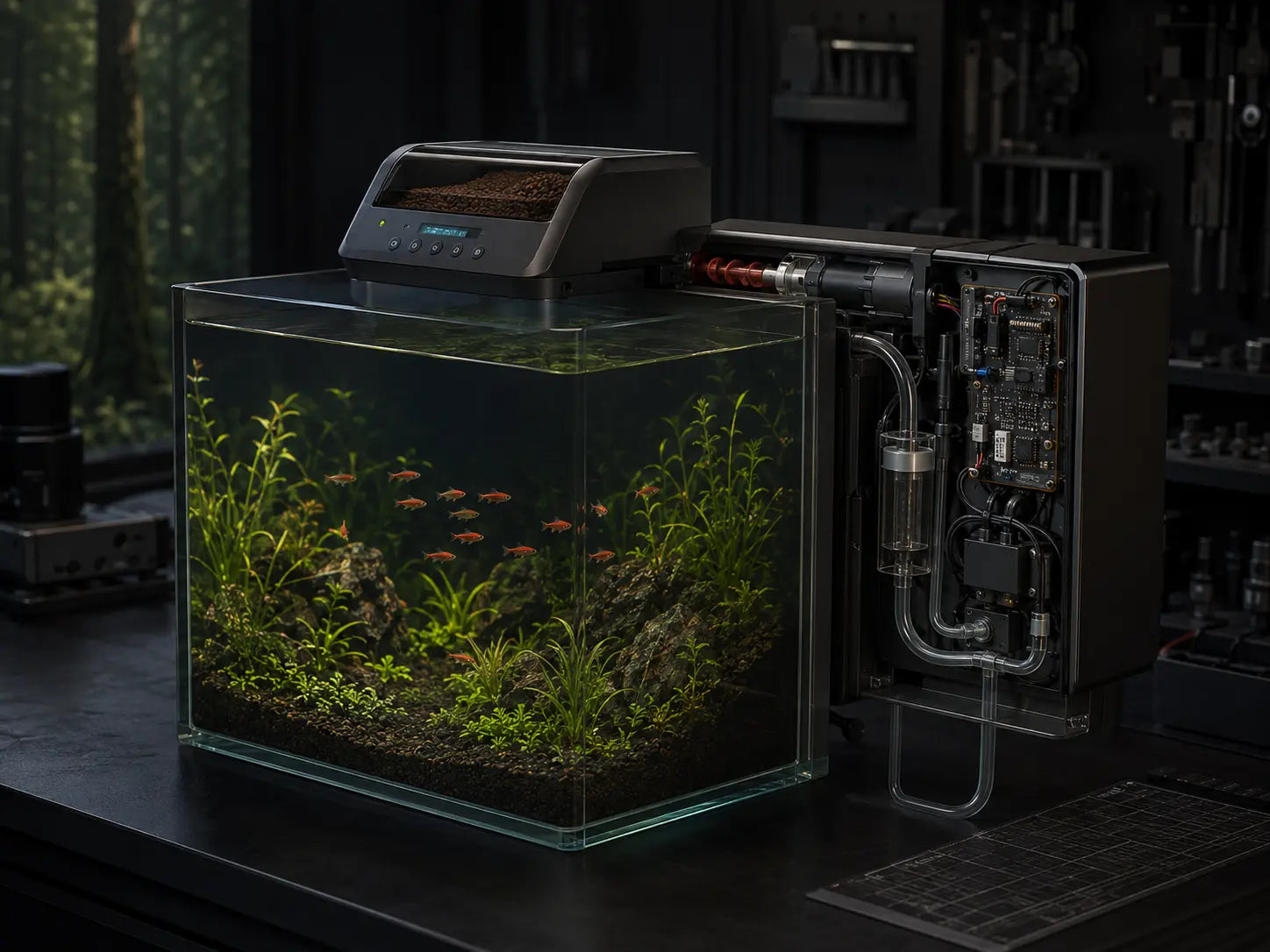 Rendering of a connected aquarium feeder and water-management concept mounted to a planted aquarium
